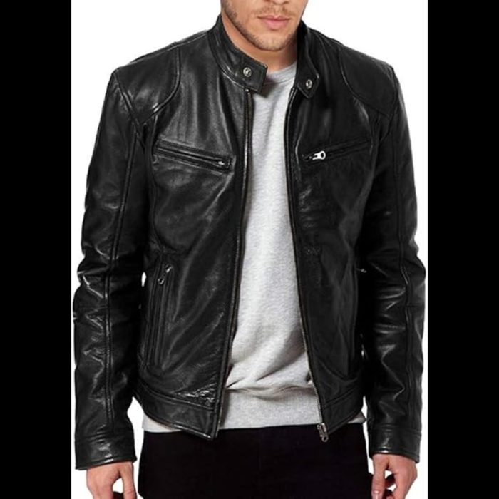 Men’s Black Leather padded shoulder Biker Jacket