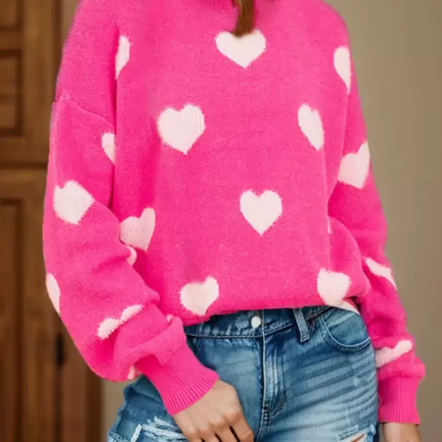 Heart Round Neck Dropped Shoulder Sweater
